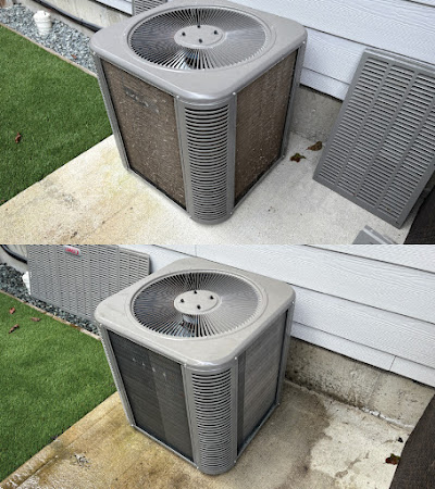 Outdoor AC condenser unit before and after coil cleaning