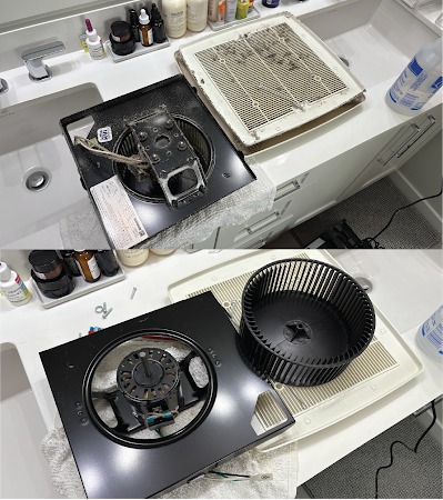 Bathroom exhaust fan components before and after cleaning