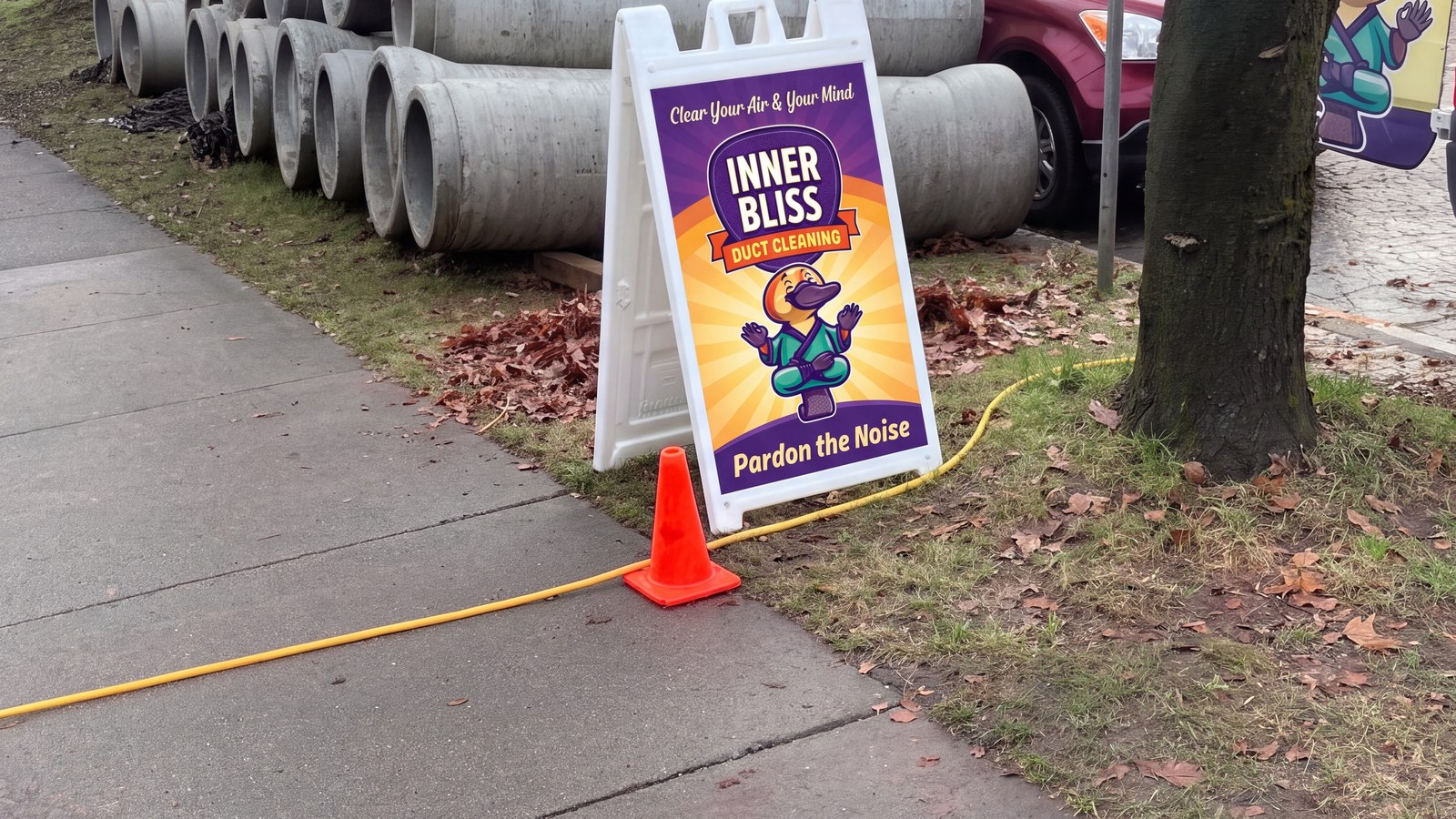 Inner Bliss A-frame sign and van at a job site